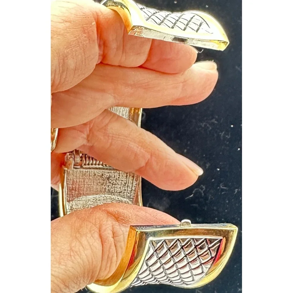 Gold & Silver Tone Cuff Bangle Bracelet Two Tone Diamond Weave‎ Fashion Jewelry